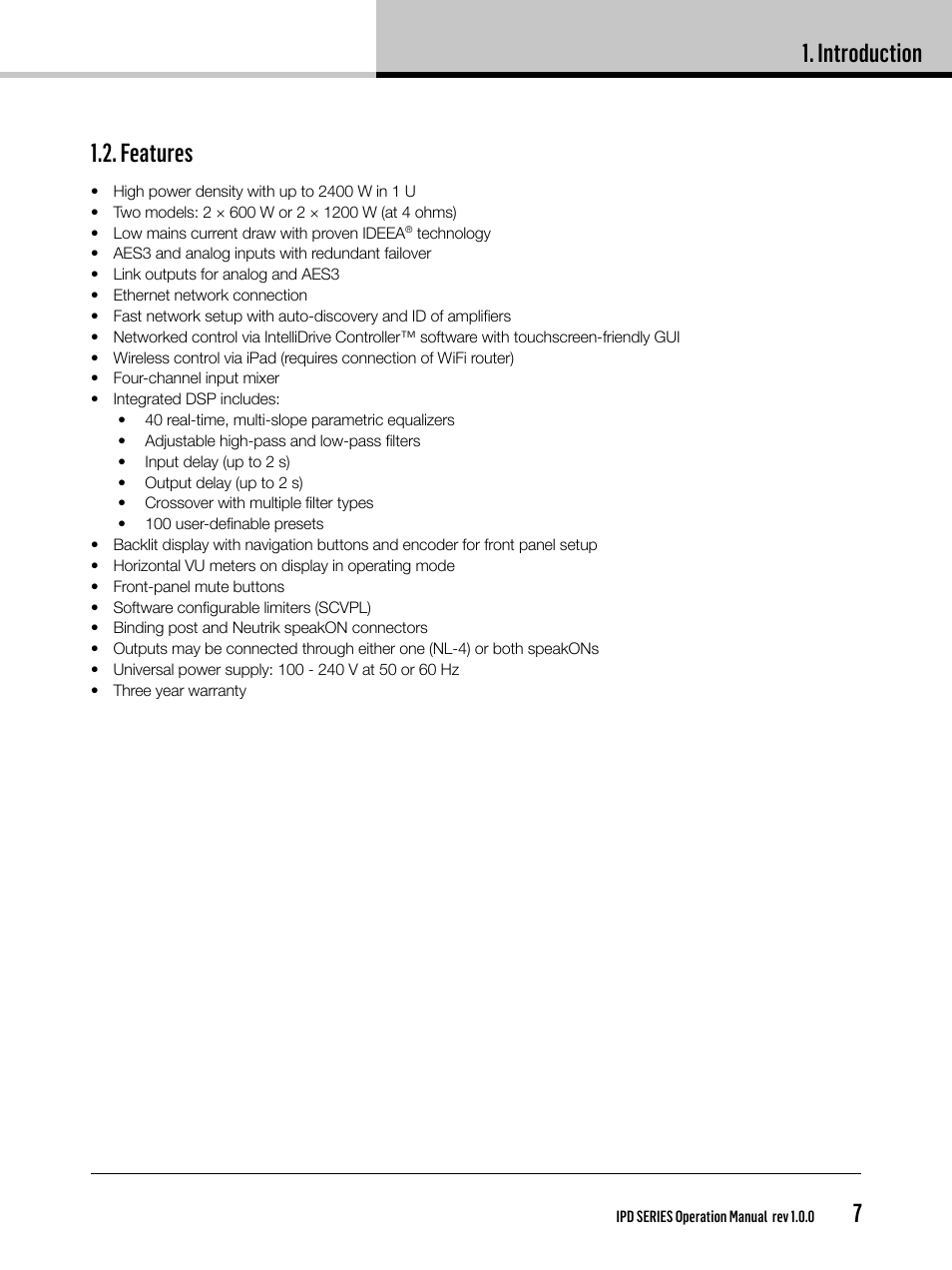 Introduction, Features | Lab.gruppen IPD 2400 User Manual | Page 7 / 36