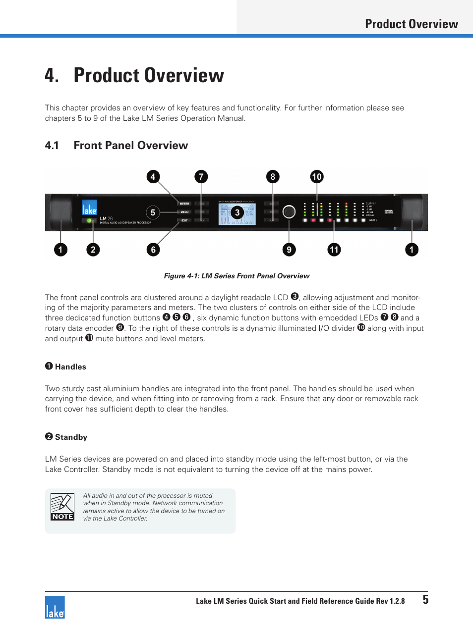 Product overview, 1 front panel overview, Product overview 5 | Lab.gruppen LM 44 User Manual | Page 11 / 34