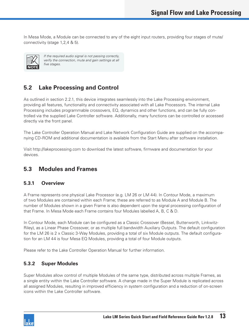 2 lake processing and control, 3 modules and frames, Signal flow and lake processing 13 | Lab.gruppen LM 44 User Manual | Page 19 / 34