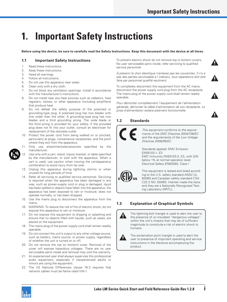 Important safety instructions, 1 important safety instructions, 2 standards | 3 explanation of graphical symbols, Important safety instructions i | Lab.gruppen LM 44 User Manual | Page 2 / 34