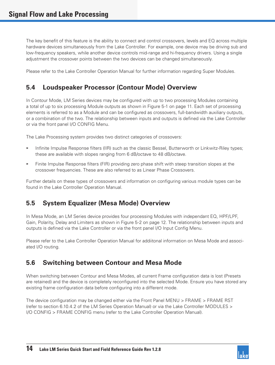 4 loudspeaker processor (contour mode) overview, 5 system equalizer (mesa mode) overview, 6 switching between contour and mesa mode | 14 signal flow and lake processing | Lab.gruppen LM 44 User Manual | Page 20 / 34