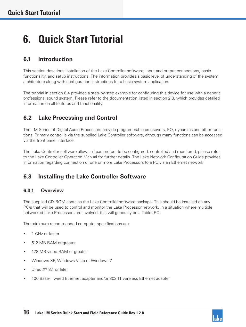 Quick start tutorial, 1 introduction, 2 lake processing and control | 3 installing the lake controller software, 16 quick start tutorial | Lab.gruppen LM 44 User Manual | Page 22 / 34