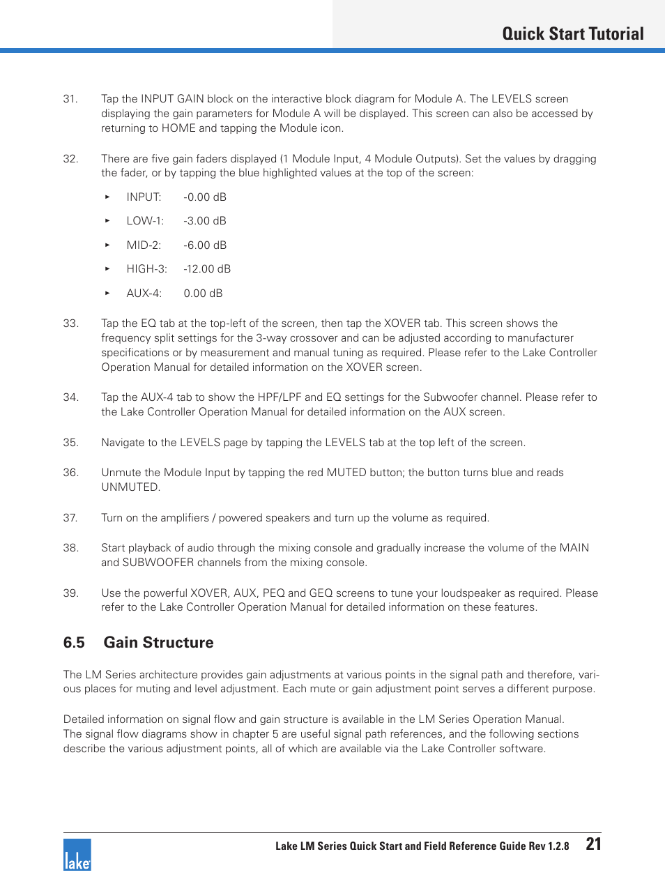 5 gain structure, Quick start tutorial 21 | Lab.gruppen LM 44 User Manual | Page 27 / 34