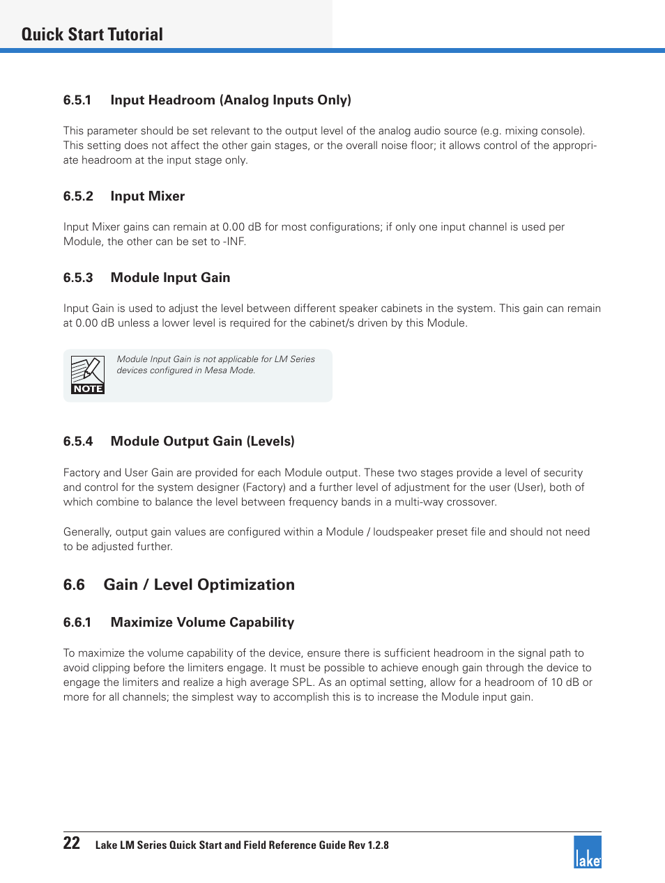6 gain / level optimization, 22 quick start tutorial | Lab.gruppen LM 44 User Manual | Page 28 / 34