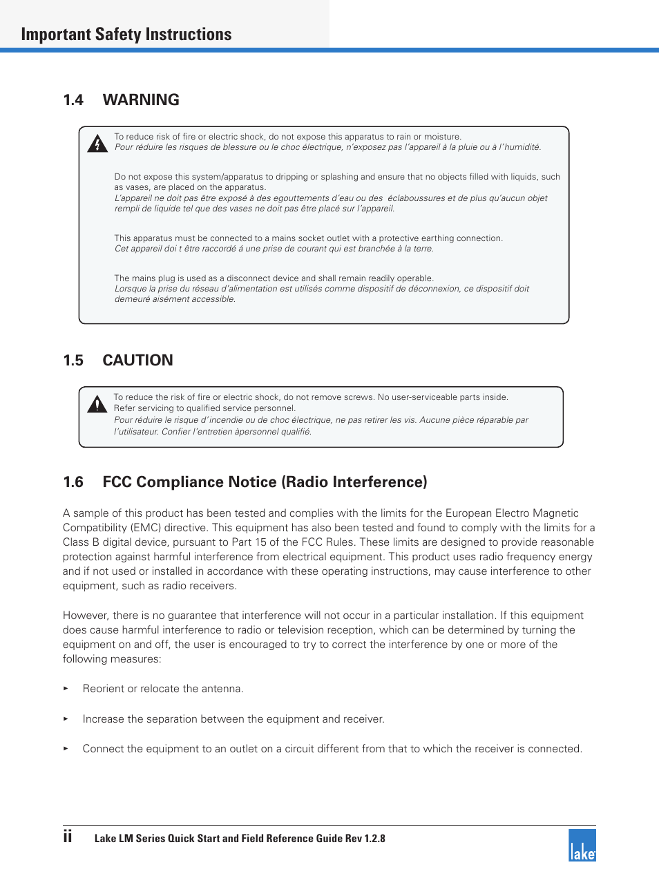 4 warning, 5 caution, 6 fcc compliance notice (radio interference) | Ii important safety instructions | Lab.gruppen LM 44 User Manual | Page 3 / 34