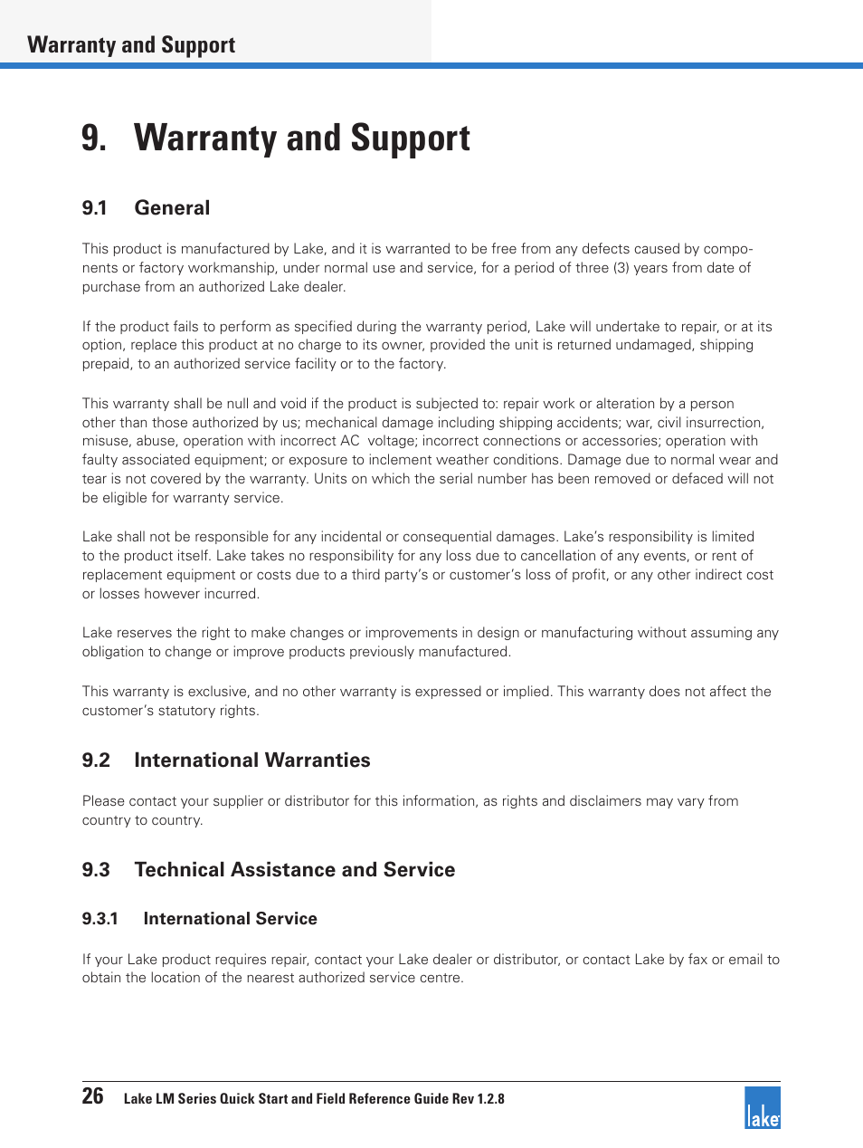 Warranty and support, 1 general, 2 international warranties | 3 technical assistance and service, 26 warranty and support | Lab.gruppen LM 44 User Manual | Page 32 / 34