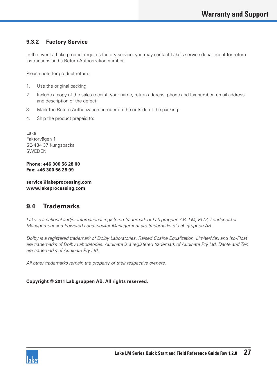 4 trademarks, Warranty and support 27 | Lab.gruppen LM 44 User Manual | Page 33 / 34