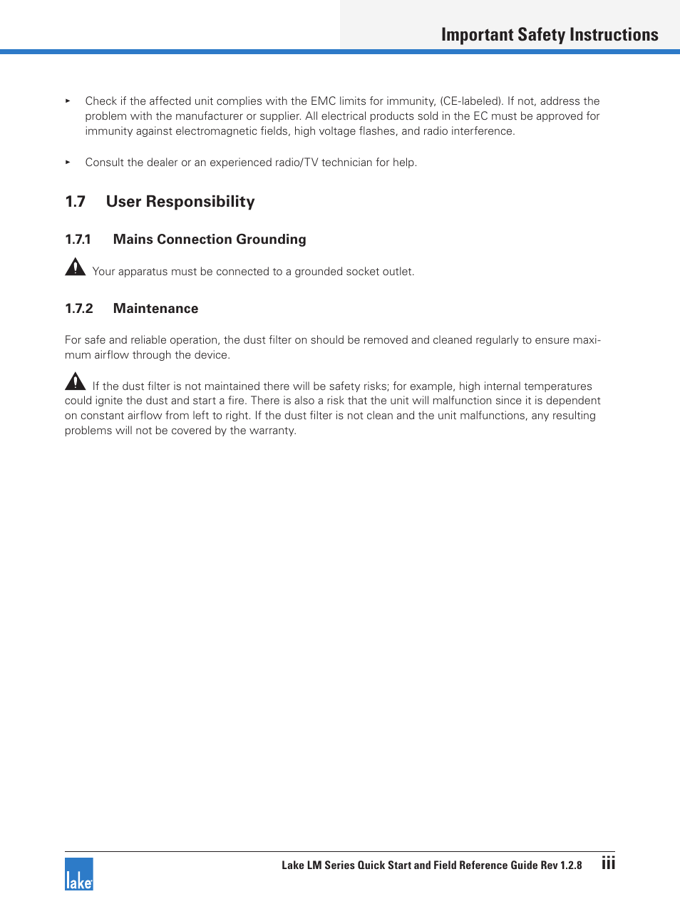 7 user responsibility, Important safety instructions iii | Lab.gruppen LM 44 User Manual | Page 4 / 34