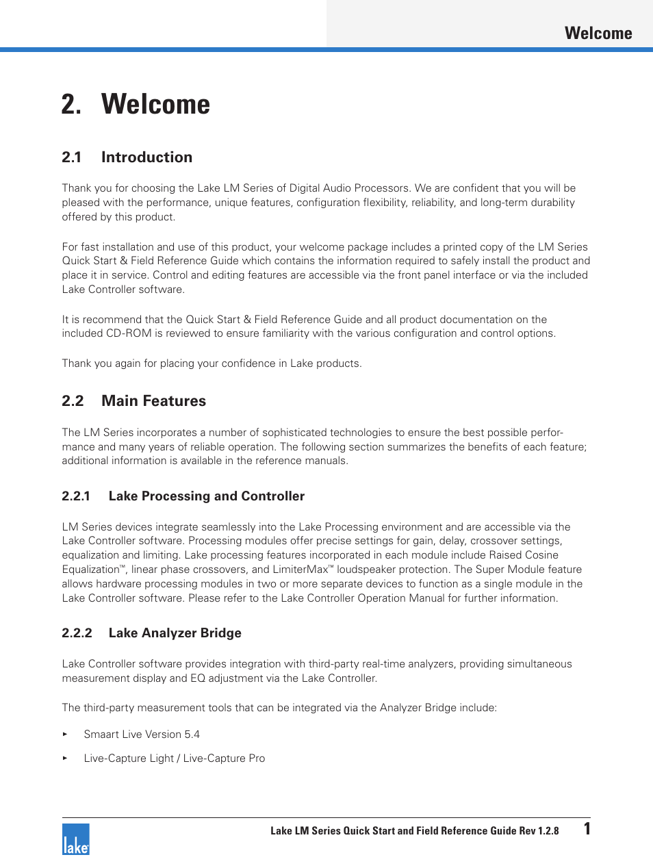 Welcome, 1 introduction, 2 main features | 1 introduction 2.2 main features, Welcome 1 | Lab.gruppen LM 44 User Manual | Page 7 / 34