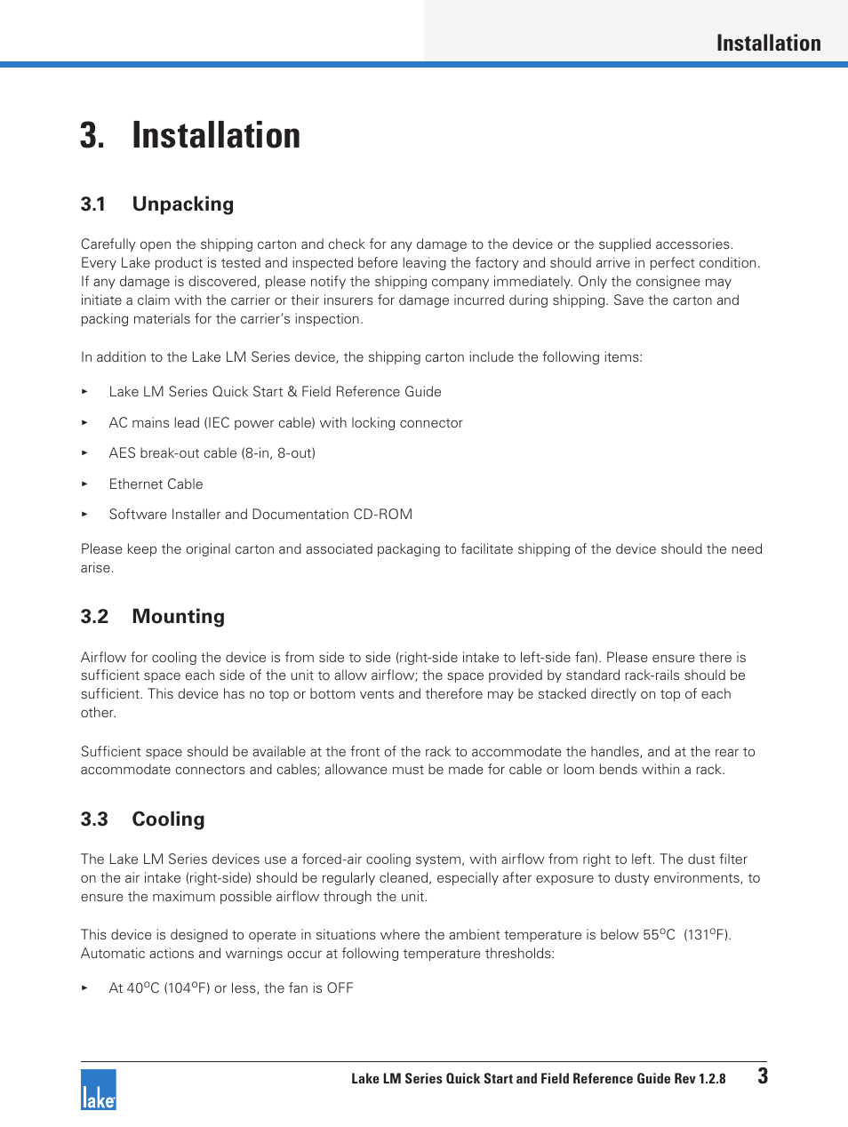 Installation, 1 unpacking, 2 mounting | 3 cooling, 1 unpacking 3.2 mounting 3.3 cooling, Installation 3 | Lab.gruppen LM 44 User Manual | Page 9 / 34