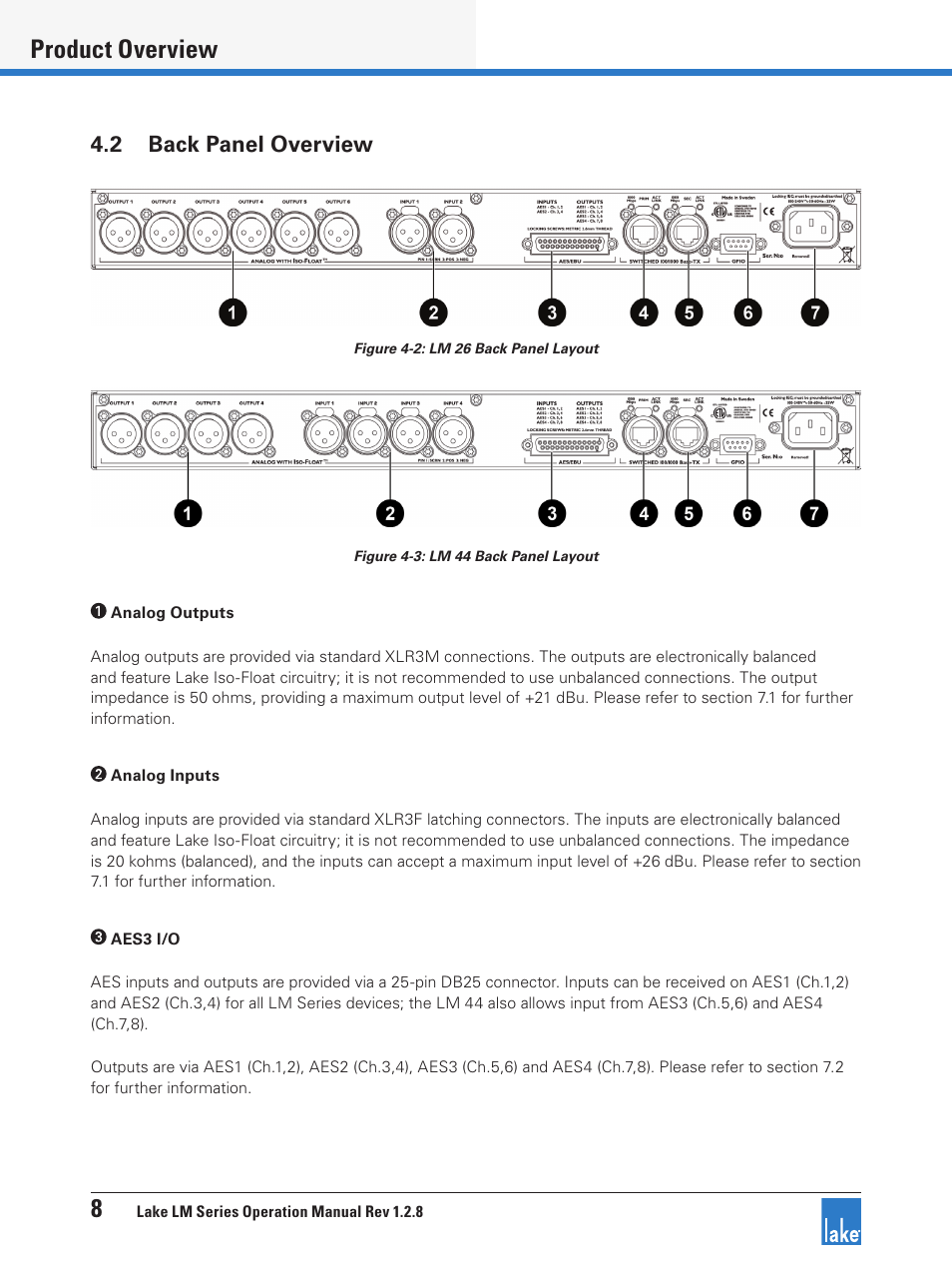 2 back panel overview, 8product overview | Lab.gruppen LM 44 User Manual | Page 14 / 71