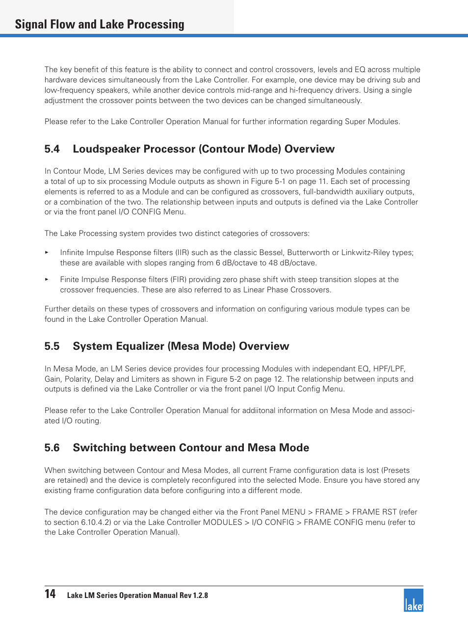 4 loudspeaker processor (contour mode) overview, 5 system equalizer (mesa mode) overview, 6 switching between contour and mesa mode | 14 signal flow and lake processing | Lab.gruppen LM 44 User Manual | Page 20 / 71