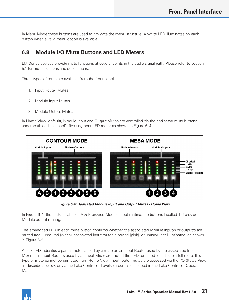 8 module i/o mute buttons and led meters, Front panel interface 21 | Lab.gruppen LM 44 User Manual | Page 27 / 71