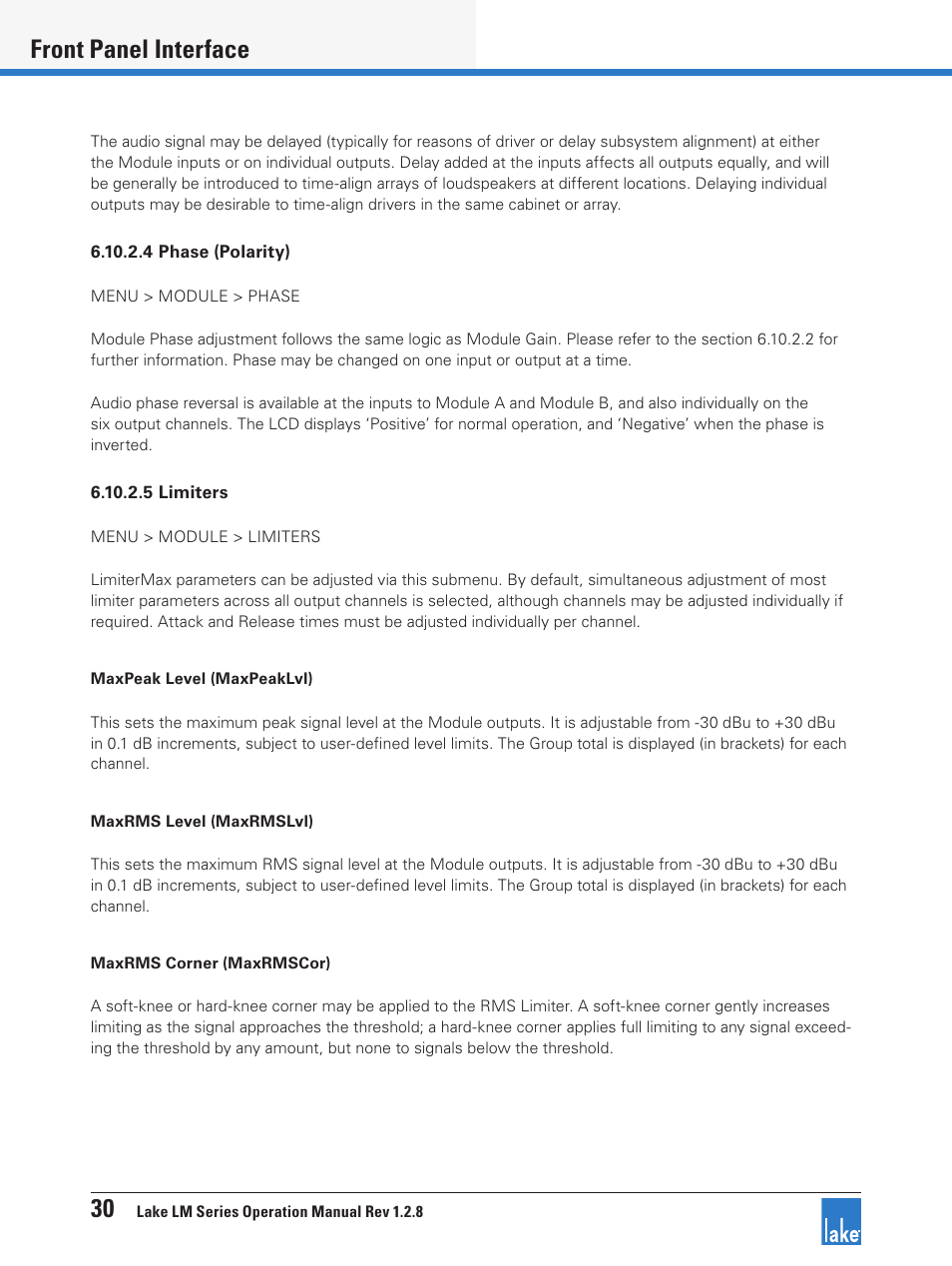 30 front panel interface | Lab.gruppen LM 44 User Manual | Page 36 / 71