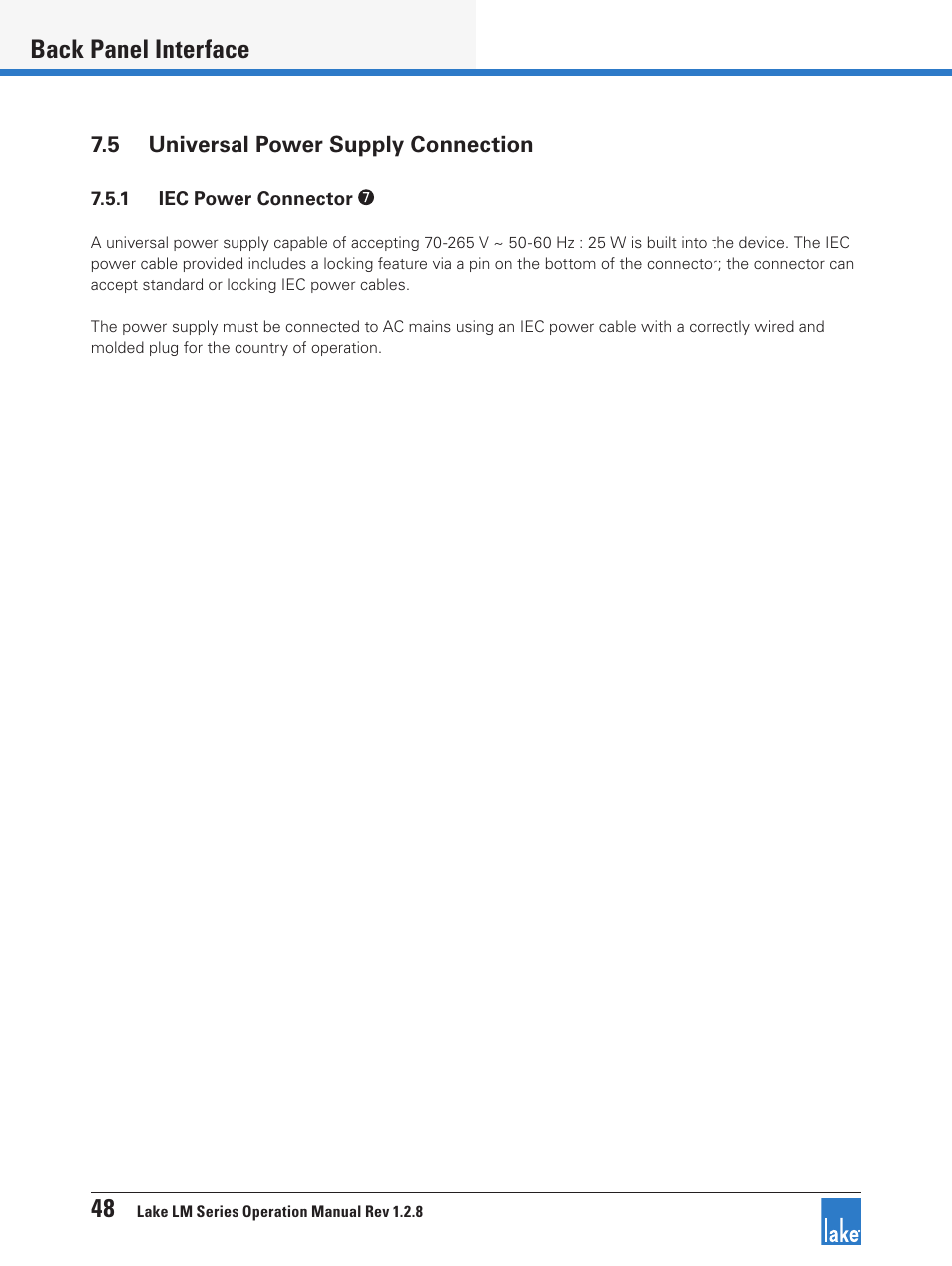 5 universal power supply connection, 48 back panel interface | Lab.gruppen LM 44 User Manual | Page 54 / 71