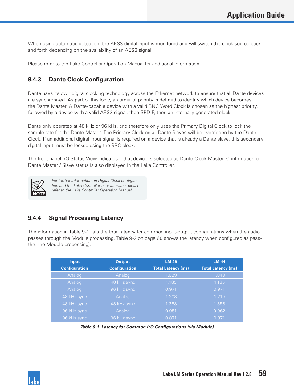 Application guide 59, 3 dante clock configuration, 4 signal processing latency | Lab.gruppen LM 44 User Manual | Page 65 / 71