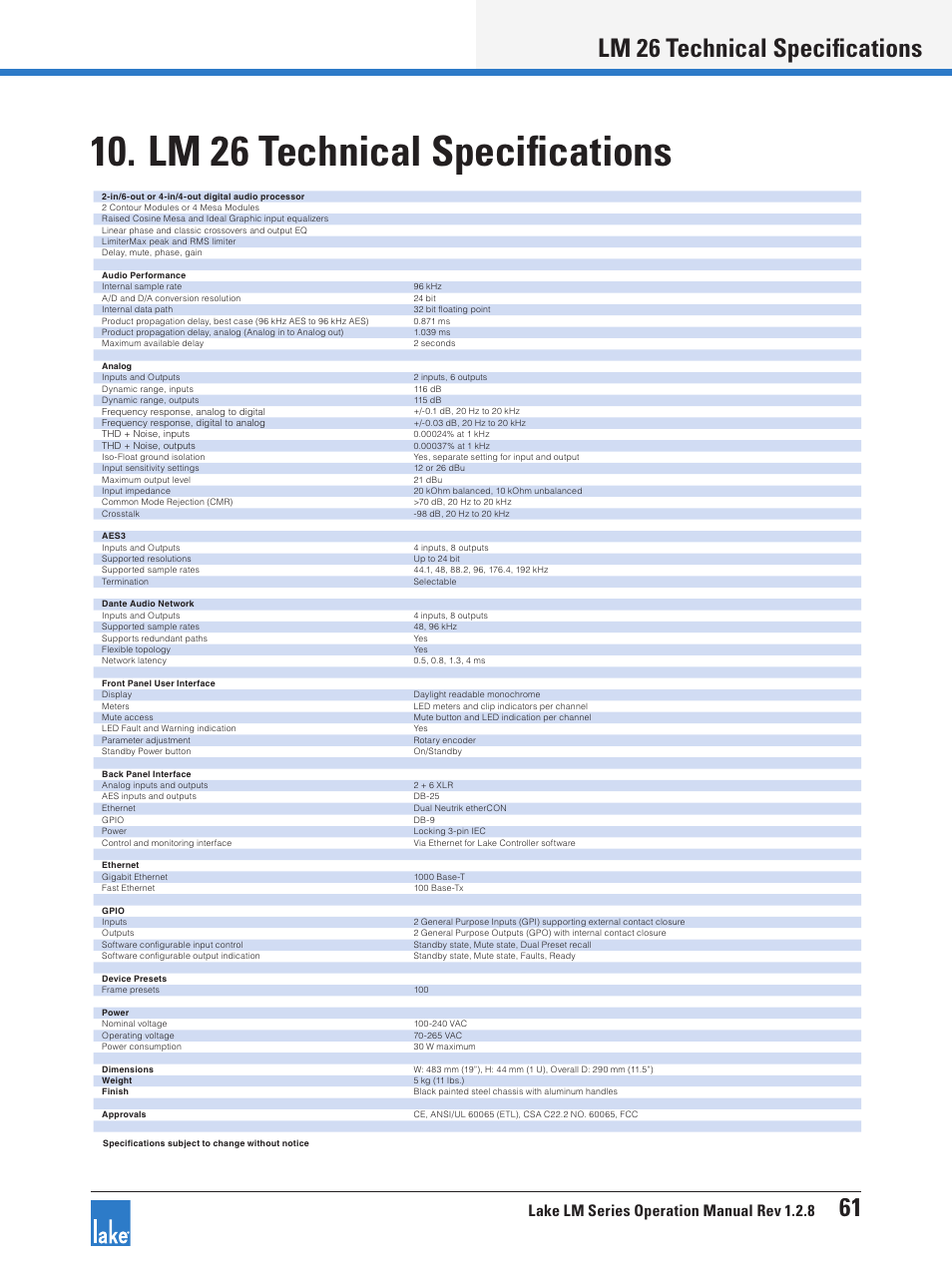 Lm 26 technical specifications, Lm 26 technical specifications 61, Lake lm series operation manual rev 1.2.8 | Lab.gruppen LM 44 User Manual | Page 67 / 71