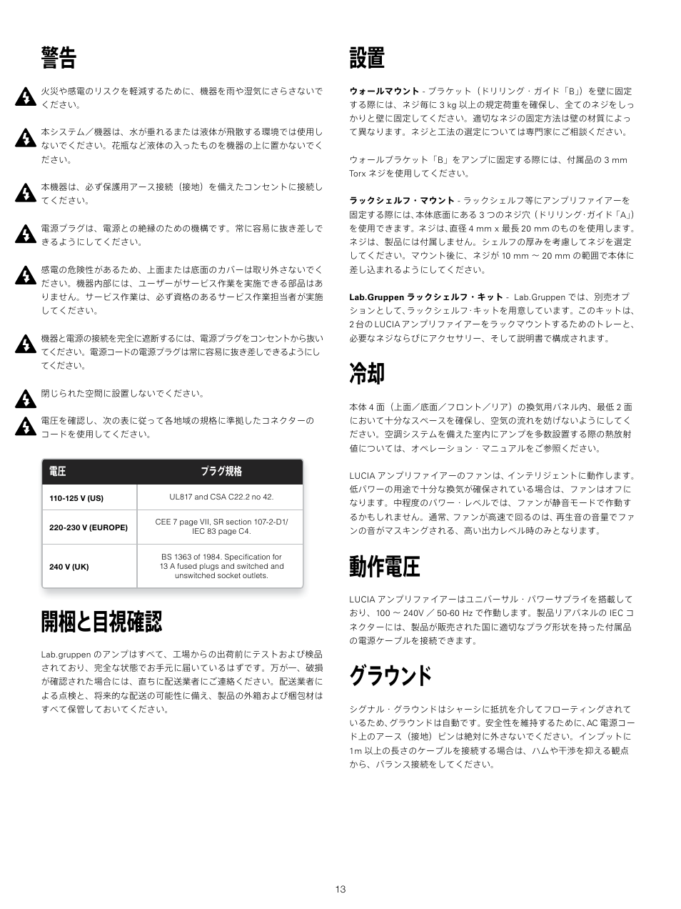 イントロダクション, 安全に関する注意事項, Fcc コンプライアンス 本書で使用する記号 | 開梱と目視確認, 動作電圧, グラウンド | Lab.gruppen LUCIA 240/2M User Manual | Page 13 / 30