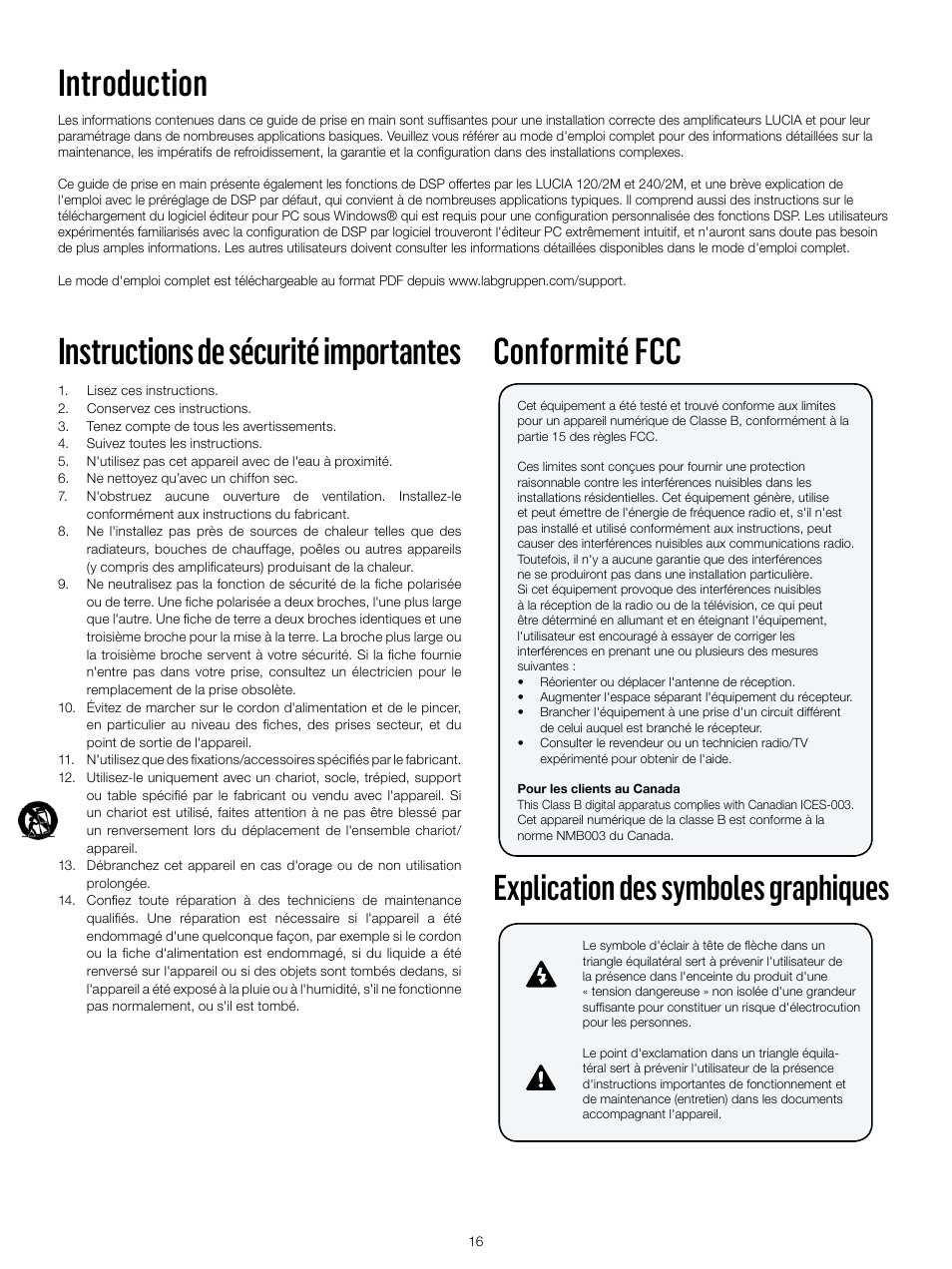 Introduction, Instructions de sécurité importantes, Conformité fcc | Explication des symboles graphiques | Lab.gruppen LUCIA 240/2M User Manual | Page 16 / 30