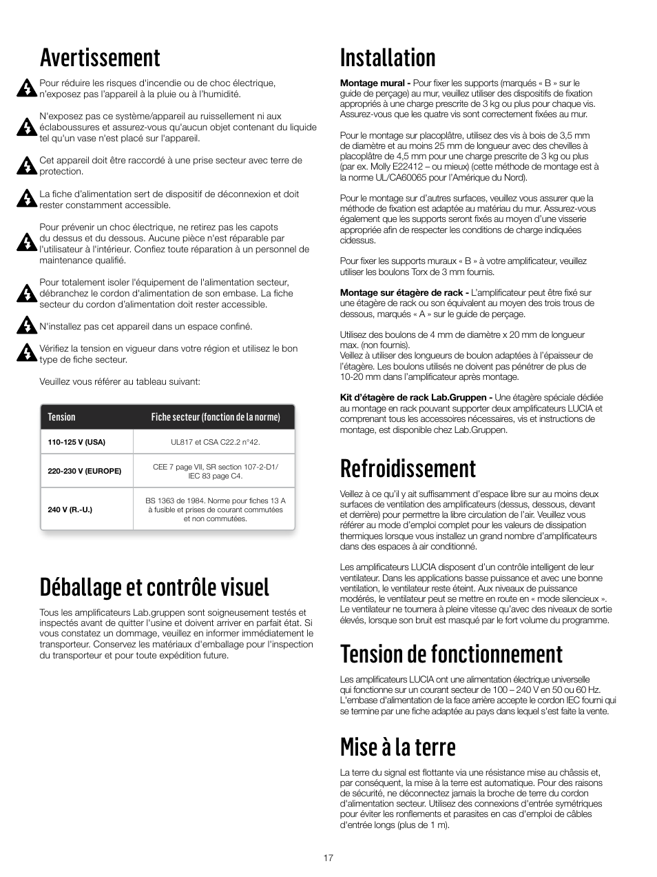 Avertissement, Déballage et contrôle visuel, Installation | Refroidissement, Tension de fonctionnement, Mise à la terre | Lab.gruppen LUCIA 240/2M User Manual | Page 17 / 30