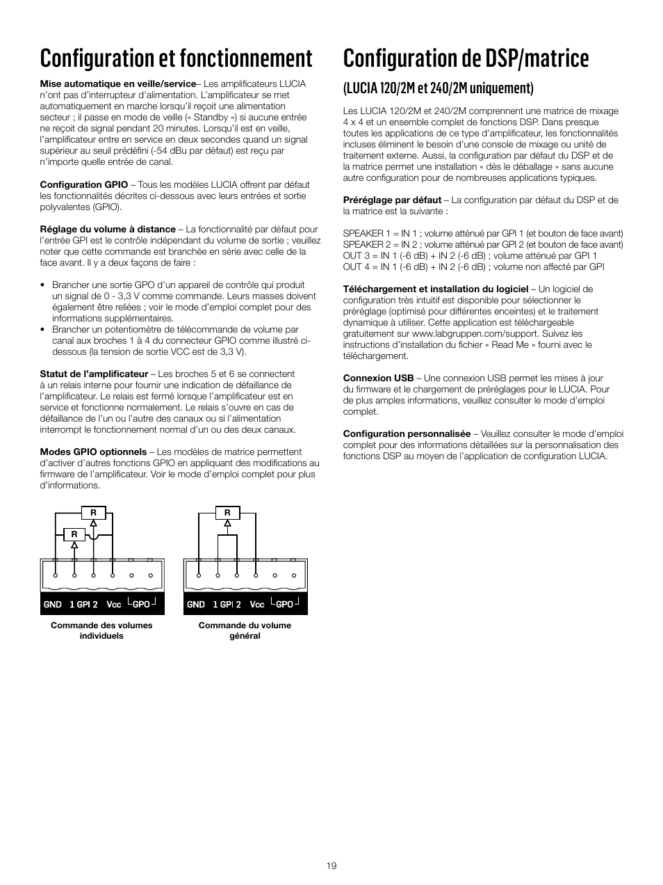 Configuration et fonctionnement, Configuration de dsp/matrice | Lab.gruppen LUCIA 240/2M User Manual | Page 19 / 30