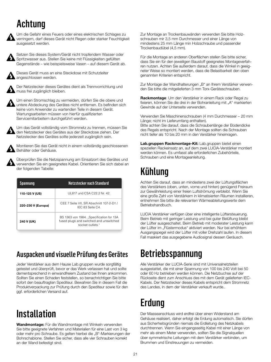 Achtung, Installation, Kühlung | Betriebsspannung, Erdung, Auspacken und visuelle prüfung des gerätes | Lab.gruppen LUCIA 240/2M User Manual | Page 21 / 30