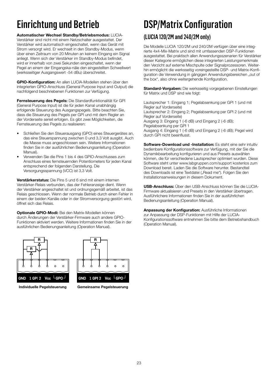 Einrichtung und betrieb, Dsp/matrix configuration | Lab.gruppen LUCIA 240/2M User Manual | Page 23 / 30