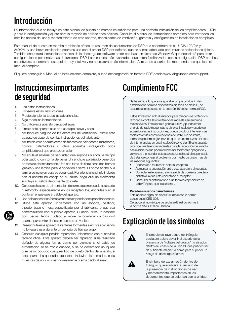 Introducción, Instrucciones importantes de seguridad, Cumplimiento fcc | Explicación de los símbolos | Lab.gruppen LUCIA 240/2M User Manual | Page 24 / 30