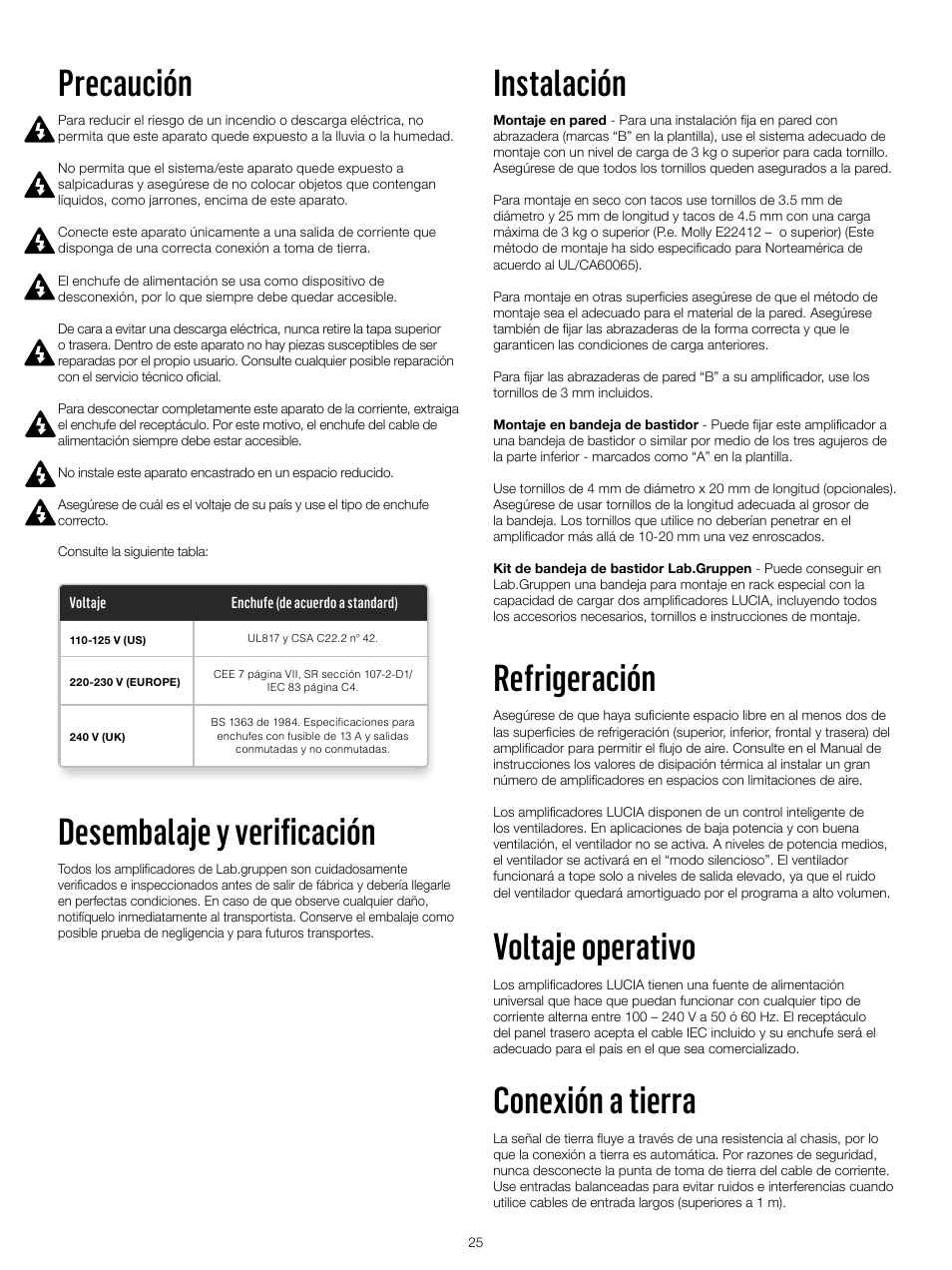 Precaución, Desembalaje y verificación, Instalación | Refrigeración, Voltaje operativo, Conexión a tierra | Lab.gruppen LUCIA 240/2M User Manual | Page 25 / 30