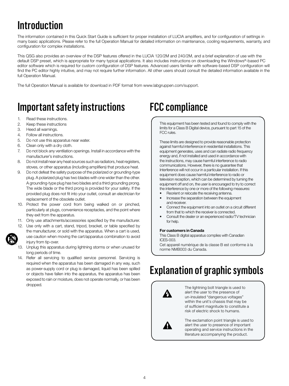 Important safety instructions | Lab.gruppen LUCIA 240/2M User Manual | Page 4 / 30