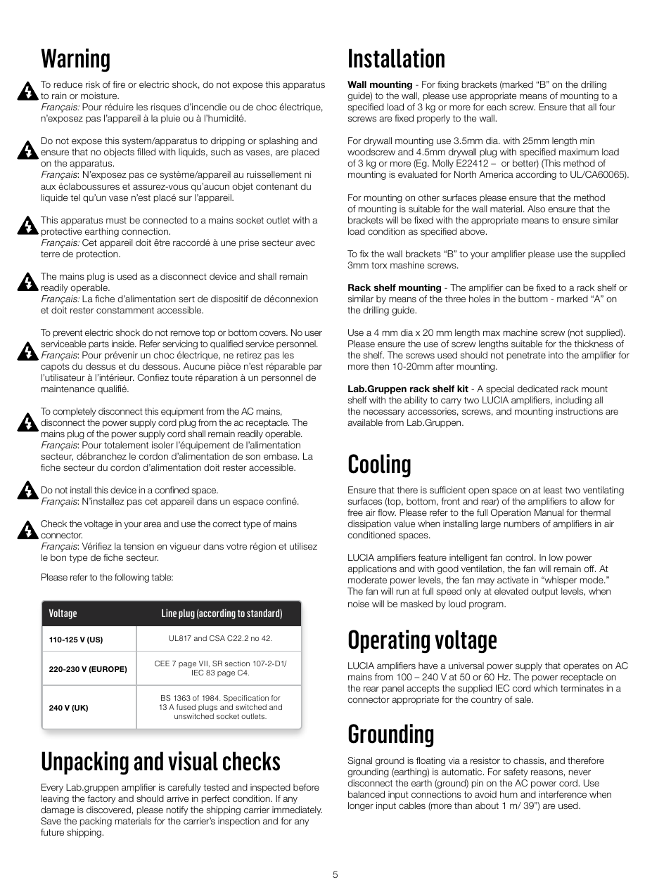 Warning, Unpacking and visual checks, Installation | Cooling, Operating voltage, Grounding | Lab.gruppen LUCIA 240/2M User Manual | Page 5 / 30