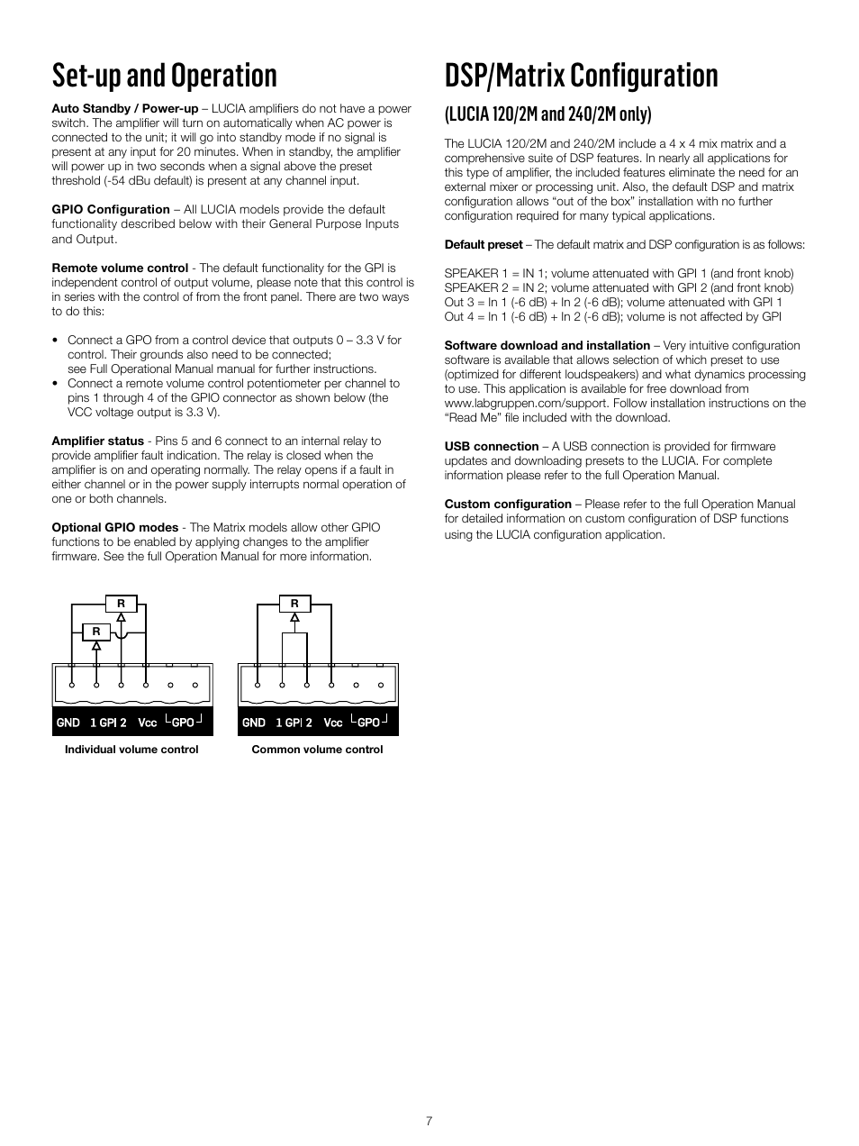 Set-up and operation, Dsp/matrix configuration | Lab.gruppen LUCIA 240/2M User Manual | Page 7 / 30