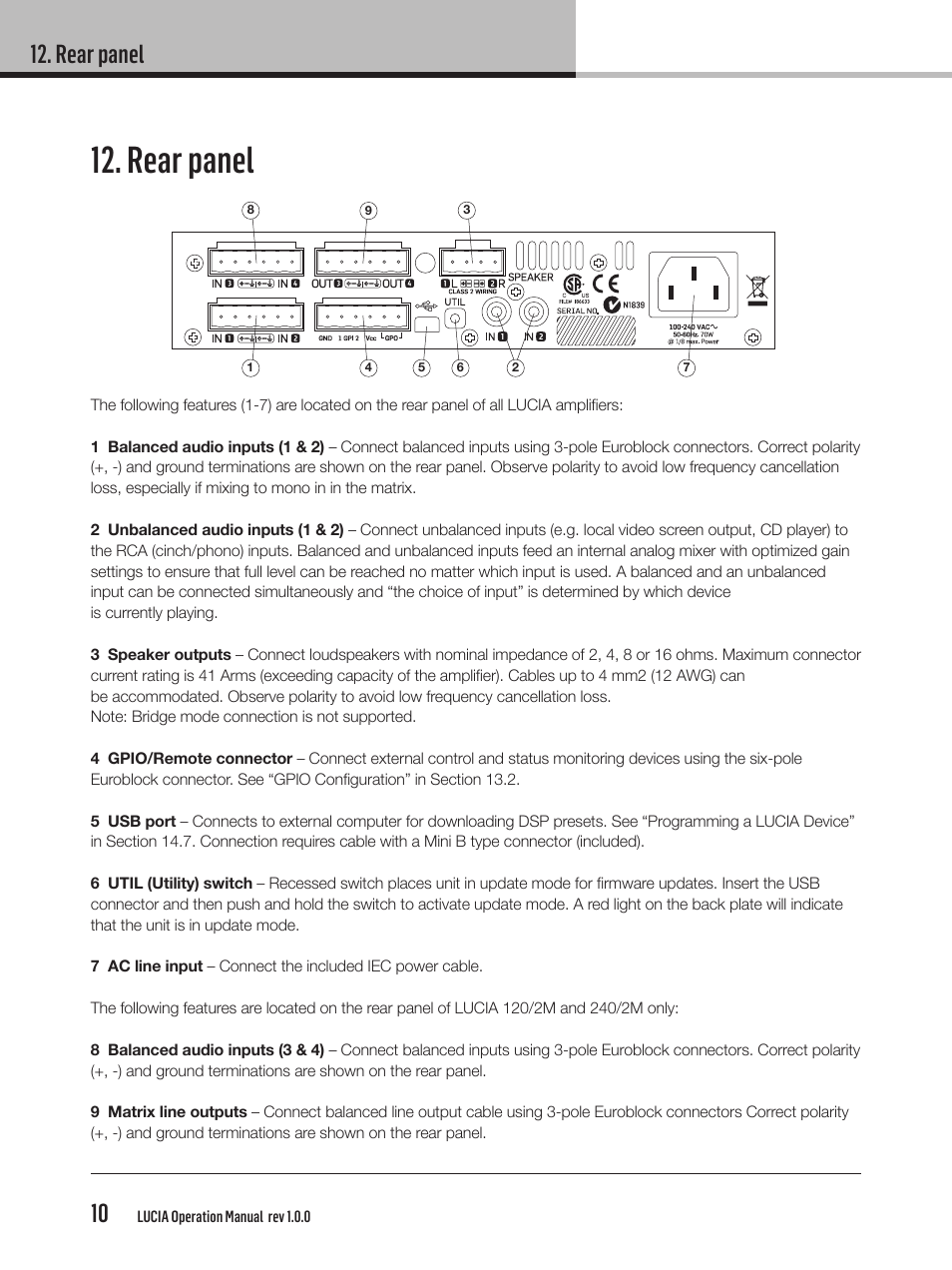Rear panel, Rear panel 10 | Lab.gruppen LUCIA 240/2M User Manual | Page 10 / 26