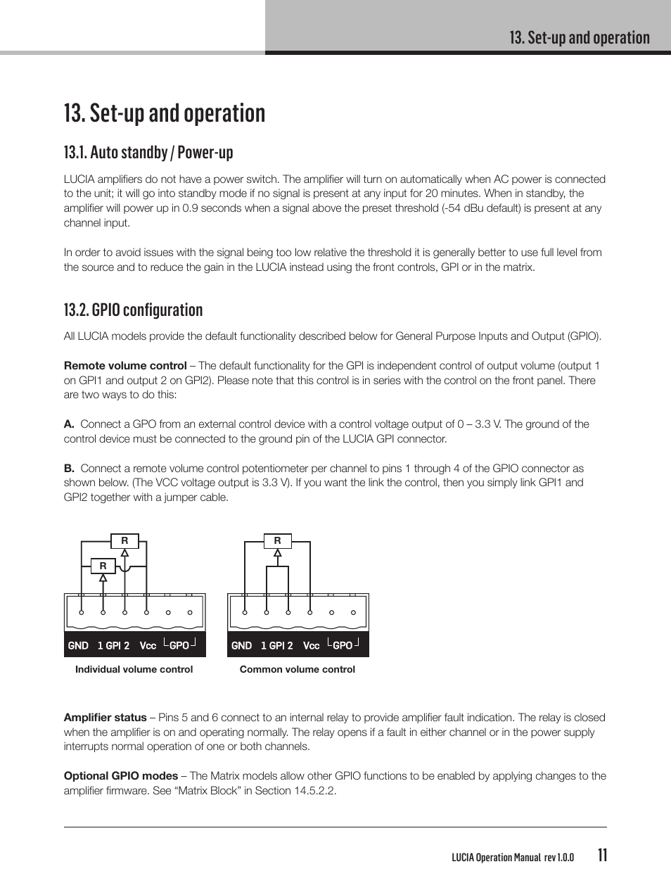 Set-up and operation, Auto standby / power-up, Gpio configuration | Lab.gruppen LUCIA 240/2M User Manual | Page 11 / 26