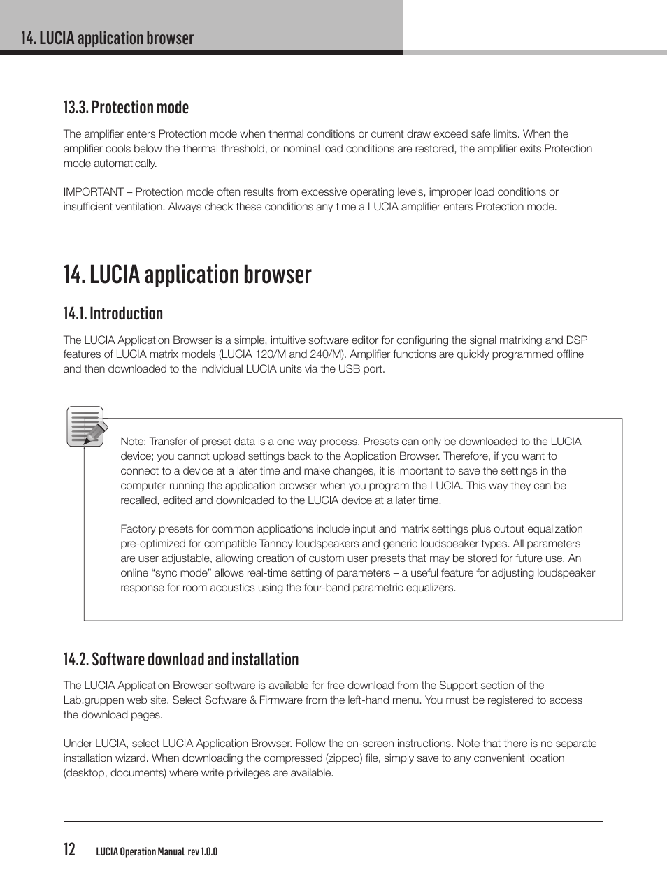 Lucia application browser, Lucia application browser 12, Protection mode | Introduction, Software download and installation | Lab.gruppen LUCIA 240/2M User Manual | Page 12 / 26
