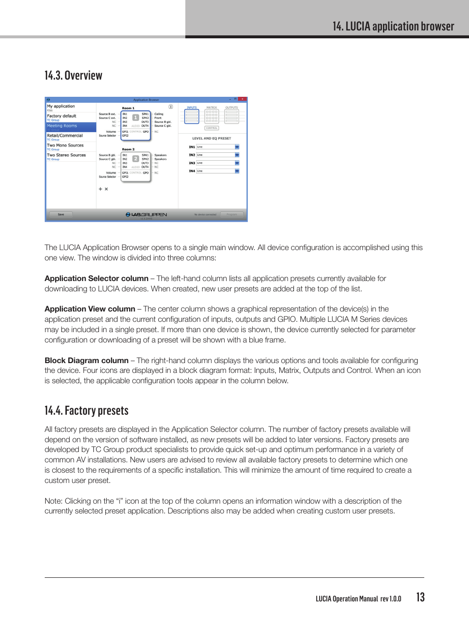 Lucia application browser, Factory presets | Lab.gruppen LUCIA 240/2M User Manual | Page 13 / 26