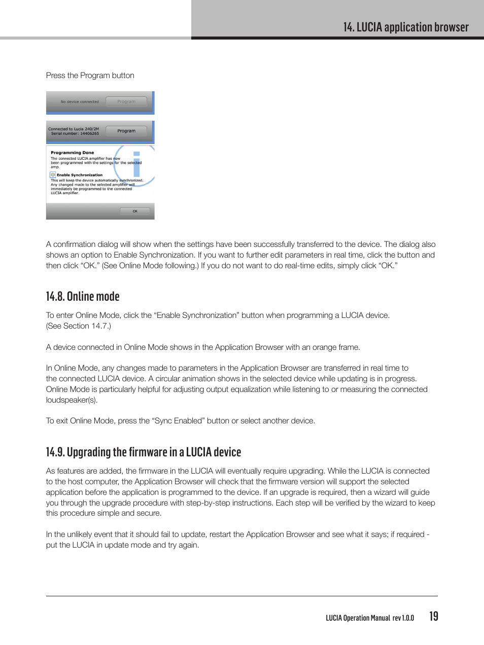 Lucia application browser, Online mode, Upgrading the fi rmware in a lucia device | Lab.gruppen LUCIA 240/2M User Manual | Page 19 / 26