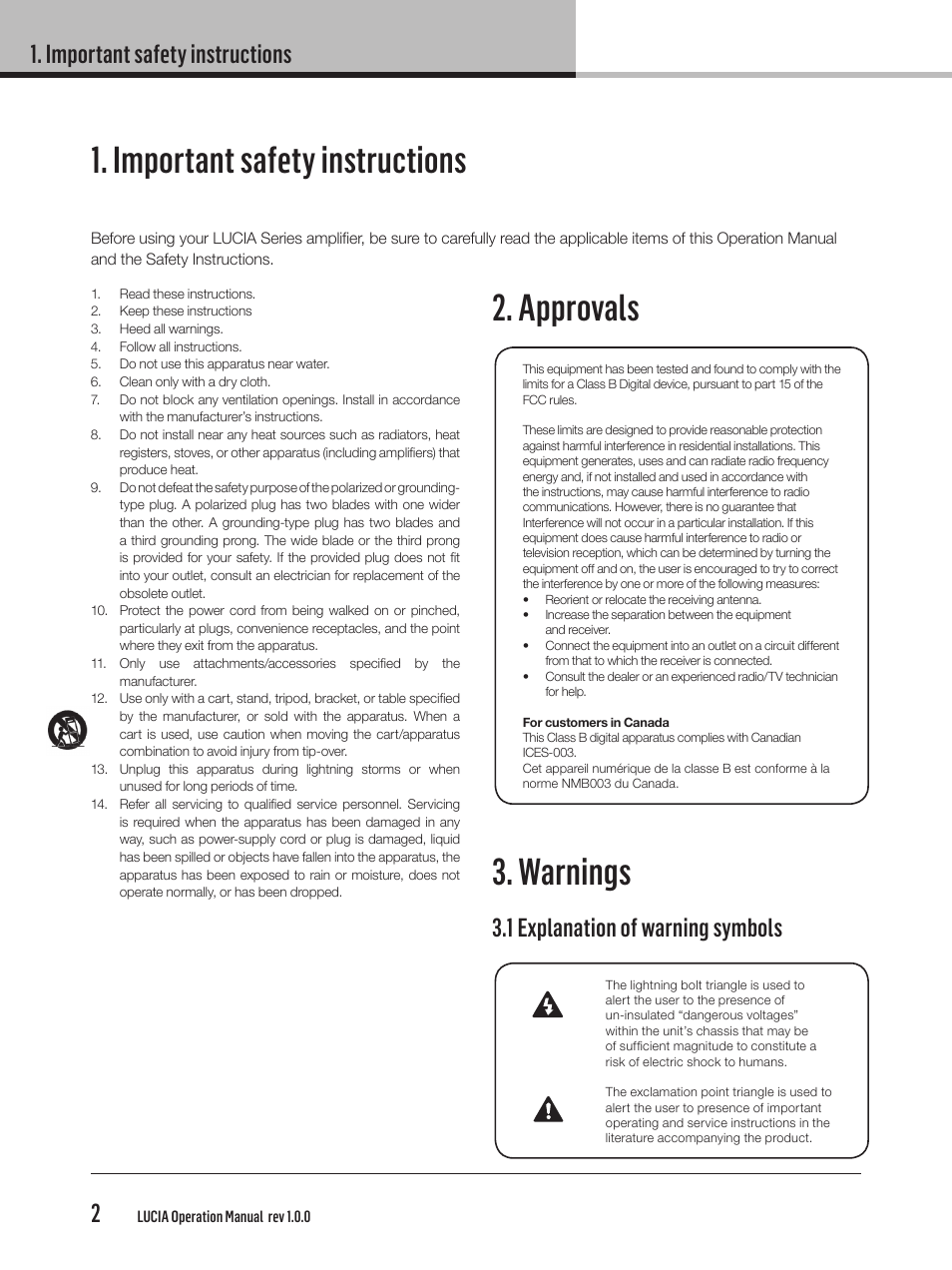 Important safety instructions, Approvals 3. warnings, Important safety instructions 2 | 1 explanation of warning symbols | Lab.gruppen LUCIA 240/2M User Manual | Page 2 / 26