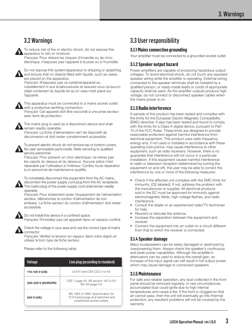 2 warnings, 3 user responsibility, Warnings | 1 mains connection grounding, 2 speaker output hazard, 3 radio interference, 4 speaker damage, 5 maintenance | Lab.gruppen LUCIA 240/2M User Manual | Page 3 / 26