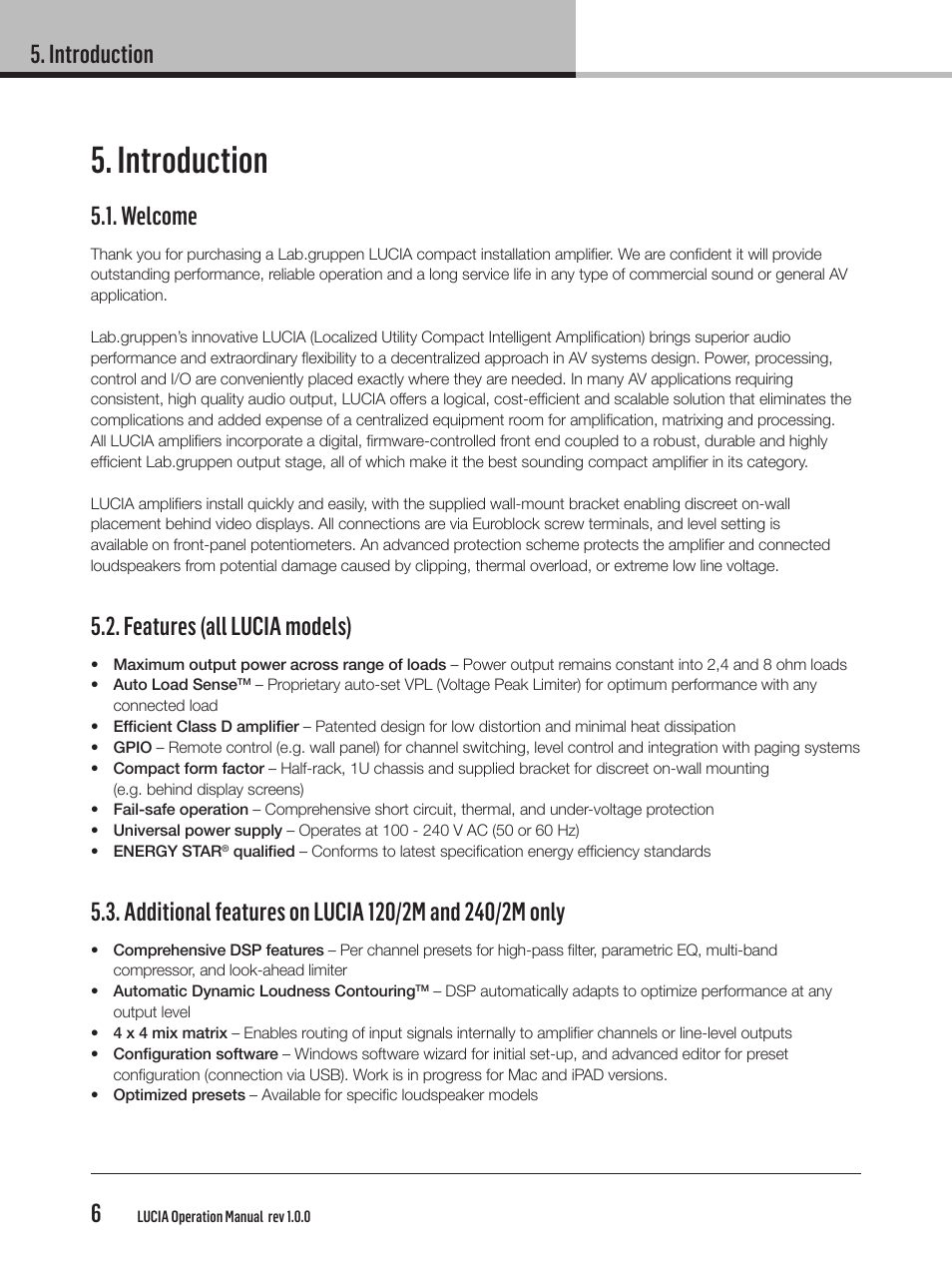 Introduction, Introduction 6, Welcome | Features (all lucia models) | Lab.gruppen LUCIA 240/2M User Manual | Page 6 / 26