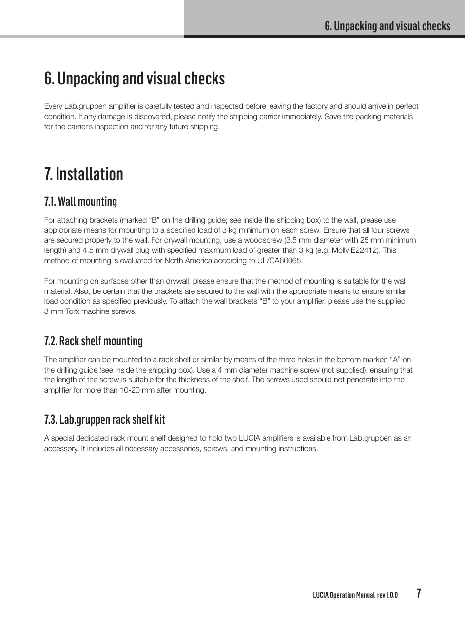 Unpacking and visual checks, Installation | Lab.gruppen LUCIA 240/2M User Manual | Page 7 / 26