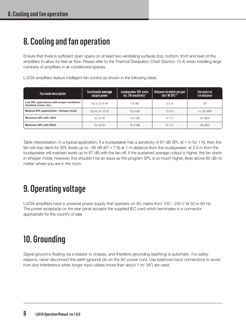 Cooling and fan operation, Operating voltage, Grounding | Cooling and fan operation 8 | Lab.gruppen LUCIA 240/2M User Manual | Page 8 / 26
