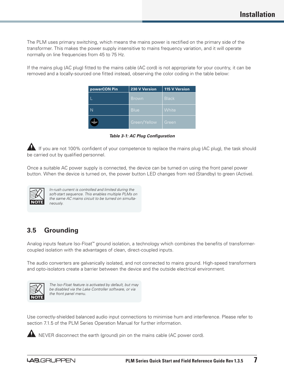 5 grounding, Installation 7 | Lab.gruppen PLM 20000Q User Manual | Page 13 / 38