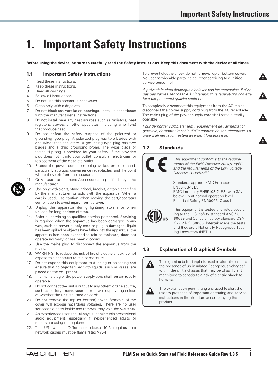 Important safety instructions, 1 important safety instructions, 2 standards | 3 explanation of graphical symbols, Important safety instructions i | Lab.gruppen PLM 20000Q User Manual | Page 2 / 38