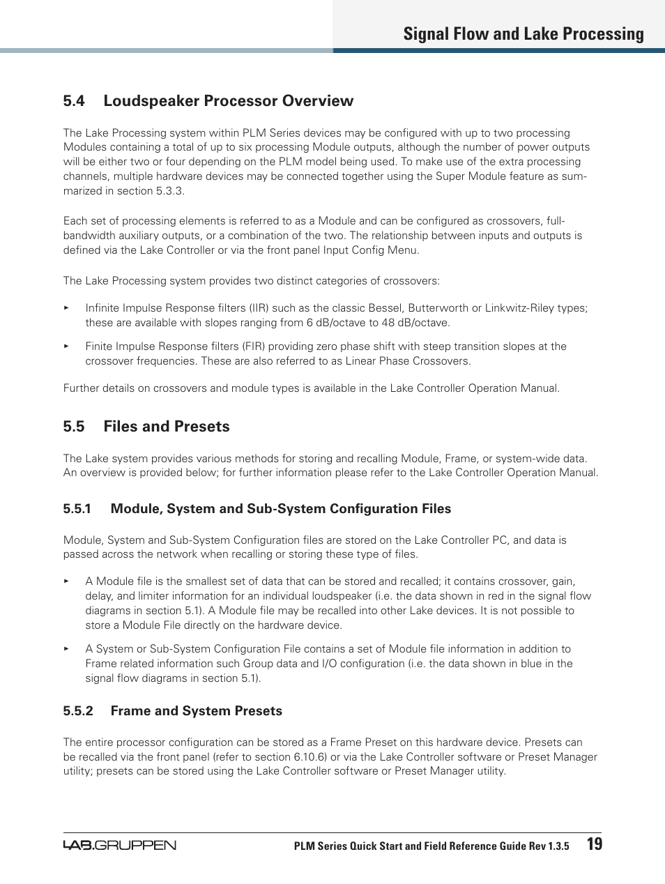 4 loudspeaker processor overview, 5 files and presets, Signal flow and lake processing 19 | Lab.gruppen PLM 20000Q User Manual | Page 25 / 38