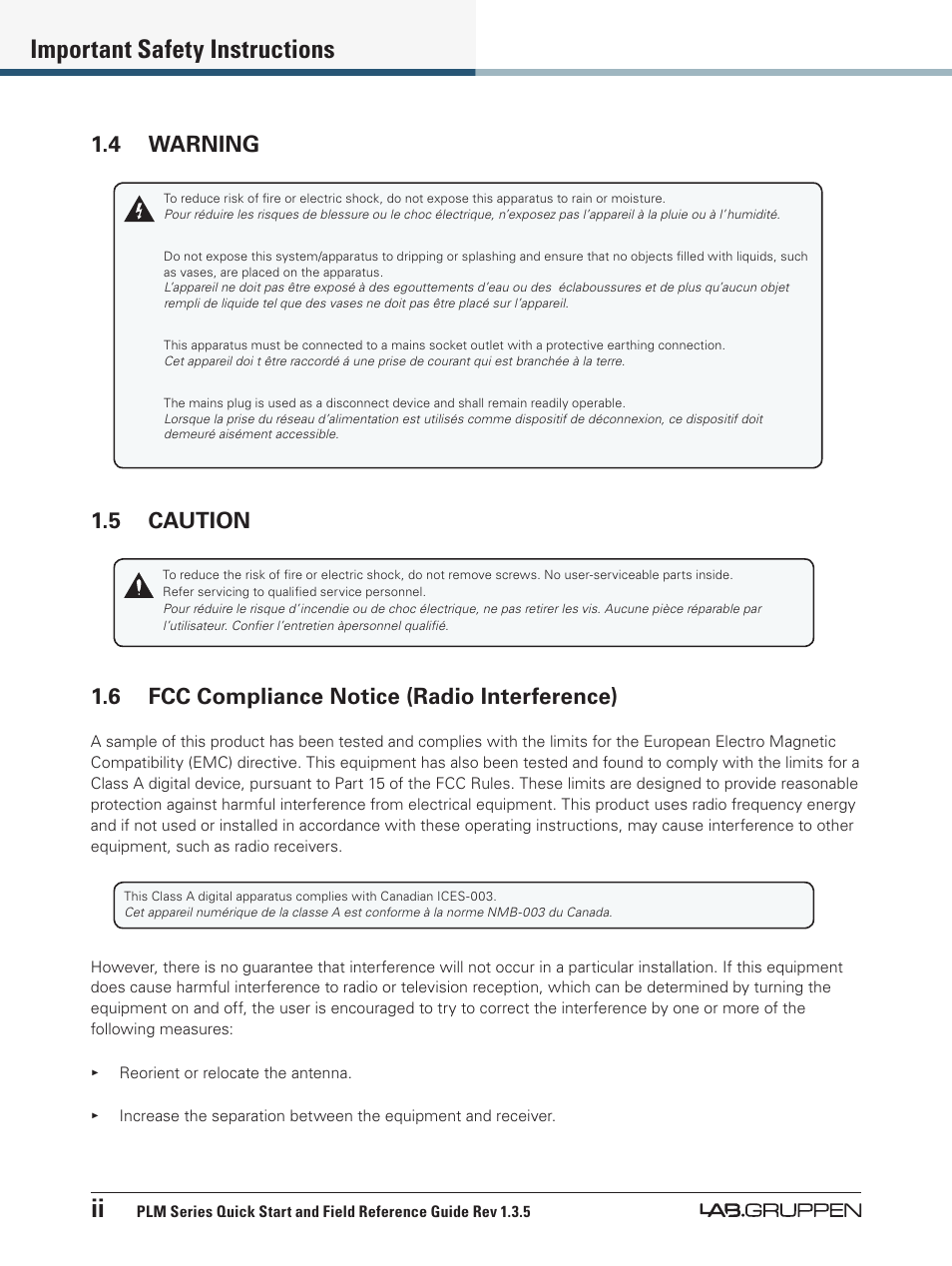 4 warning, 5 caution, 6 fcc compliance notice (radio interference) | Ii important safety instructions | Lab.gruppen PLM 20000Q User Manual | Page 3 / 38