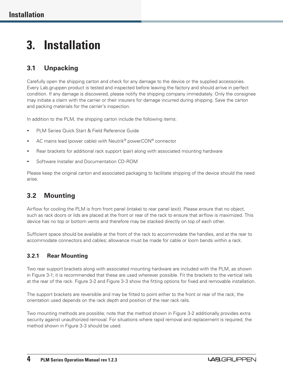 Installation, 1 unpacking, 2 mounting | 1 unpacking 3.2 mounting, 4installation | Lab.gruppen PLM 20000Q User Manual | Page 10 / 106