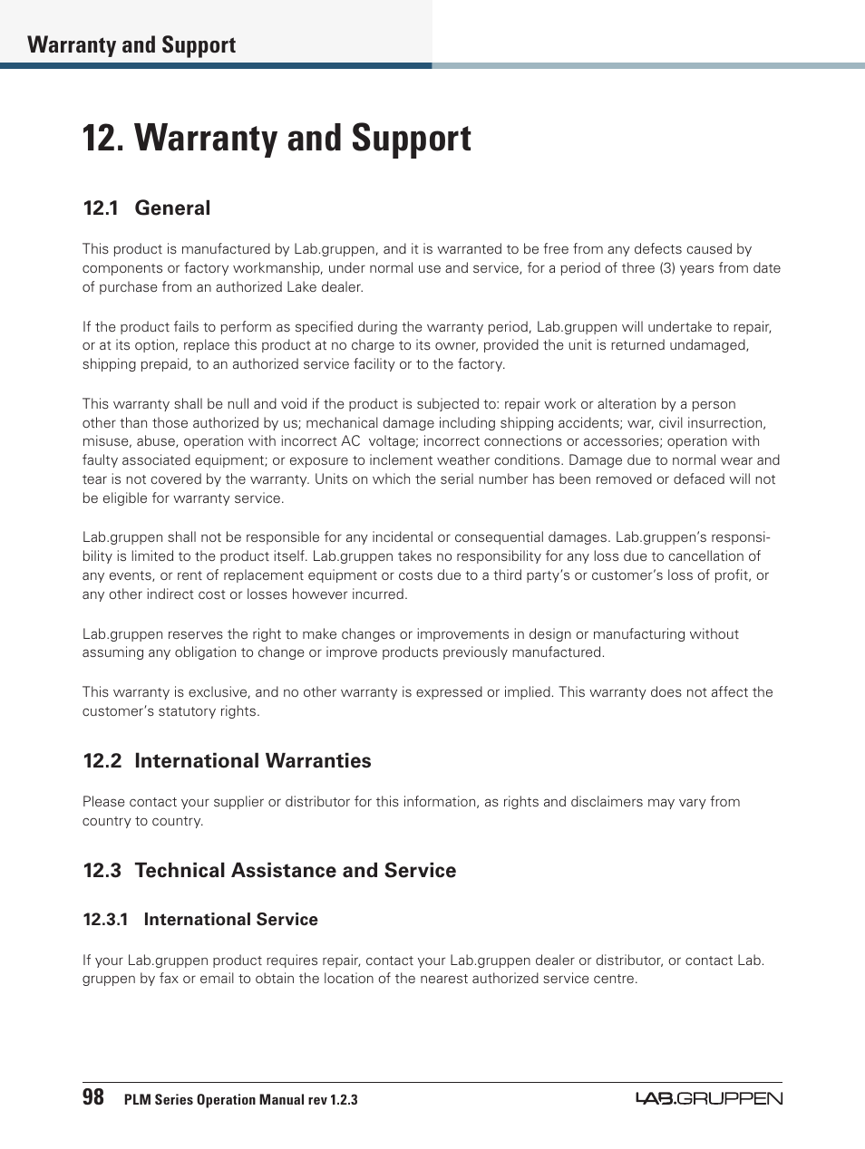 Warranty and support, 1 general, 2 international warranties | 3 technical assistance and service, 98 warranty and support | Lab.gruppen PLM 20000Q User Manual | Page 104 / 106