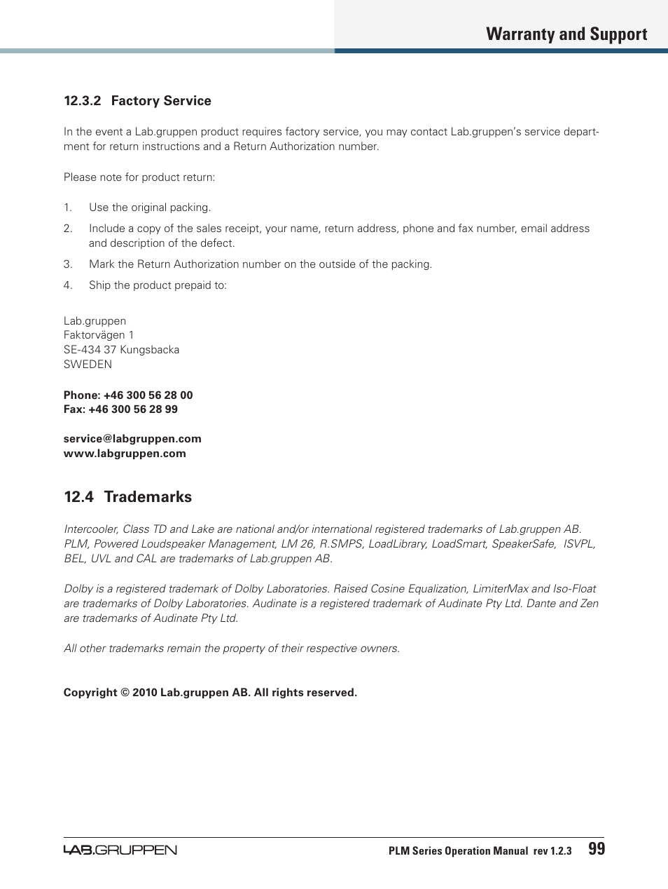 4 trademarks, Warranty and support 99 | Lab.gruppen PLM 20000Q User Manual | Page 105 / 106