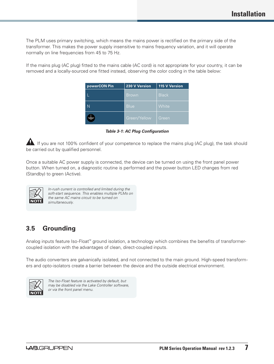 5 grounding, Installation 7 | Lab.gruppen PLM 20000Q User Manual | Page 13 / 106